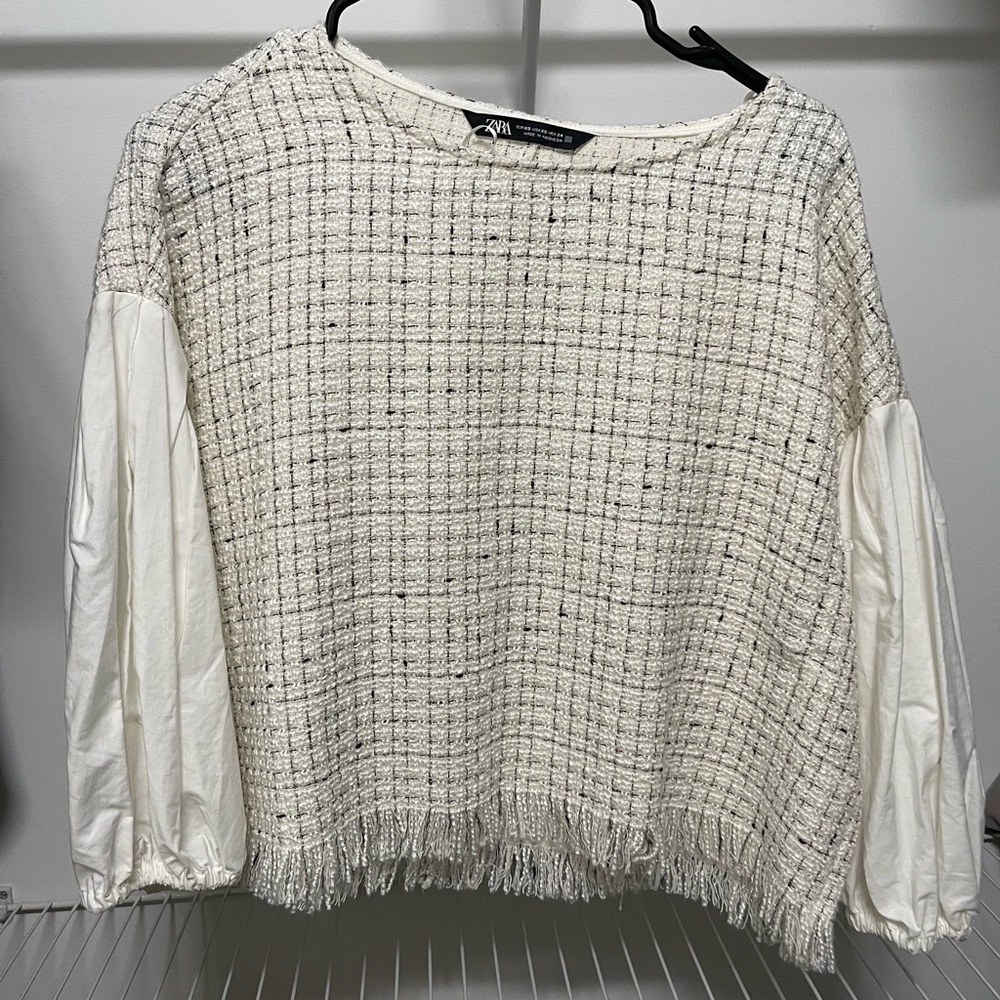 Zara Ivory and White Textured Fringe Top